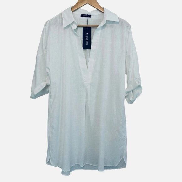 Trendyol Tops - NEW Trendyol Women's 8 WHITE 100% Cotton Beachy Casual Roll Tab Collared Tunic